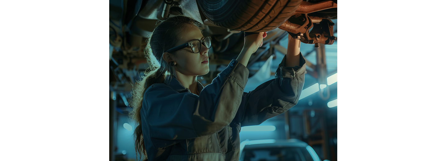 Automotive technician wearing safety glasses inspecting the underside of a vehicle on a lift in a repair shop.