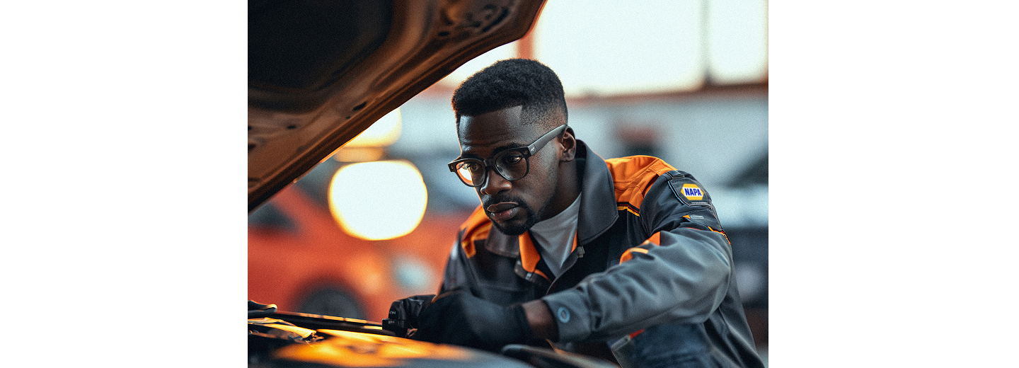 Automotive technician wearing safety glasses and gloves inspecting a vehicle engine in a repair shop.